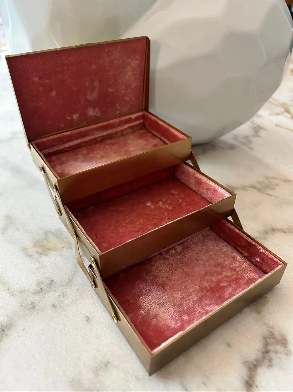 Vintage Brass & Velvet Three-Tier Jewelry Box- Mid-Century Storage Velvet Box